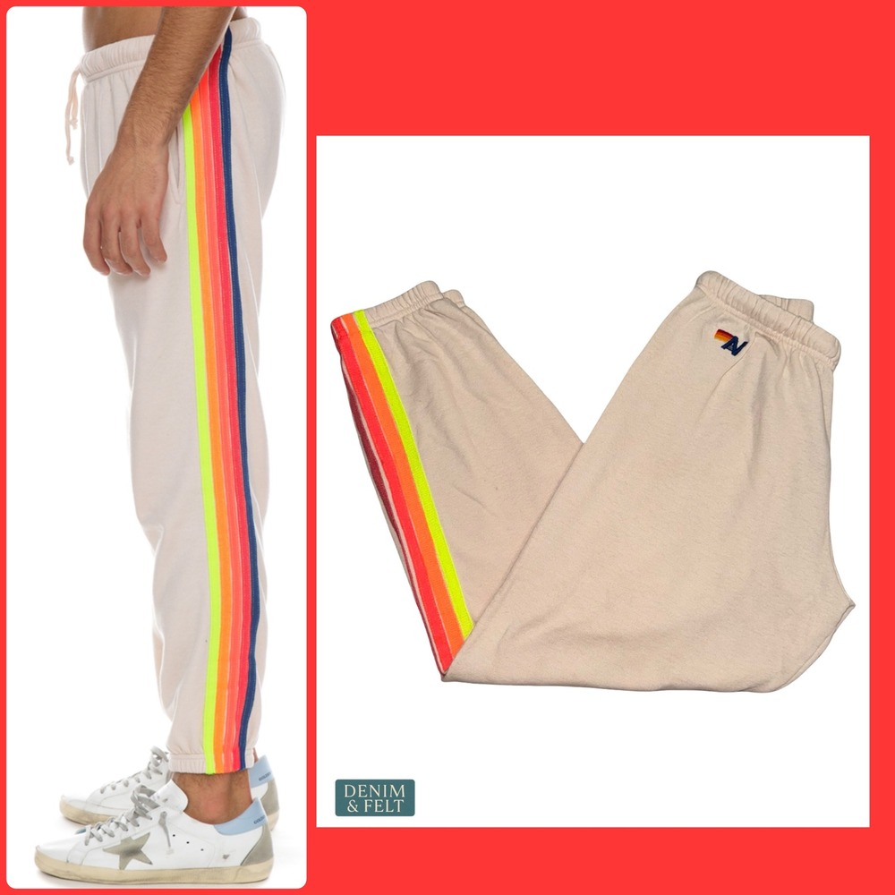 Aviator Nation 5 Stripe Sweatpants Almond Rainbow Surf Skate Lounge Joggers XL